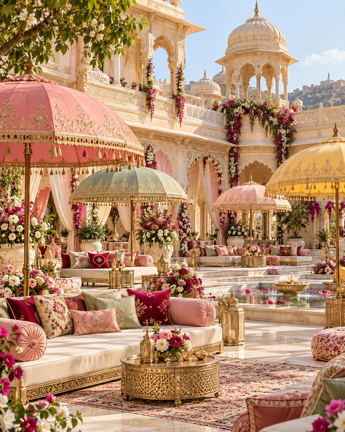 A pastel Rajasthani wedding carnival with colourful umbrellas, floral décor and a heritage courtyard