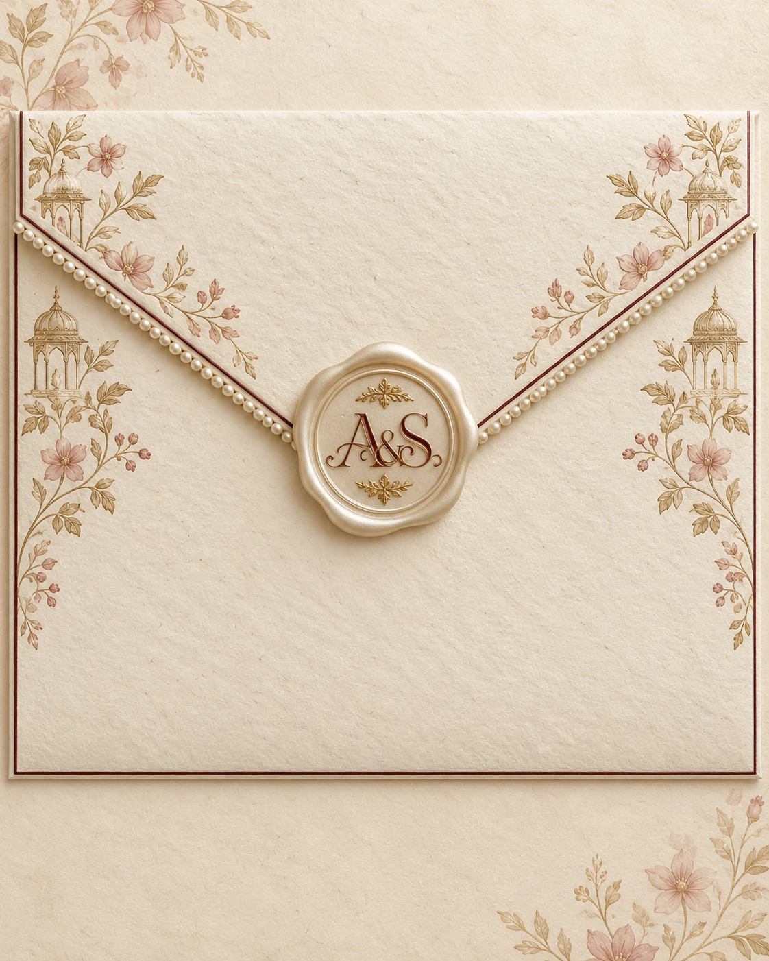 Ivory pearl-trimmed wedding envelope with an intertwined A&S wax seal