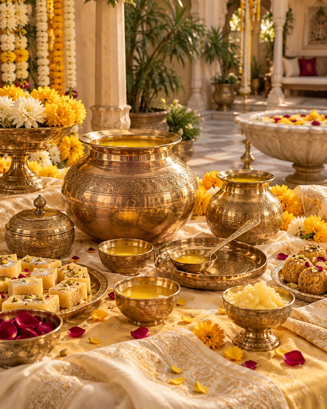 Brass ghee vessels, sweets and flowers arranged for an auspicious Indian wedding ceremony