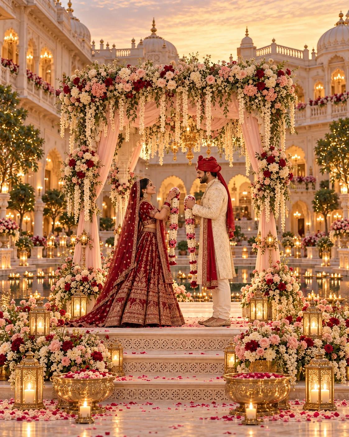 An Indian bride and groom exchanging flower garlands beneath a blush and champagne floral canopy