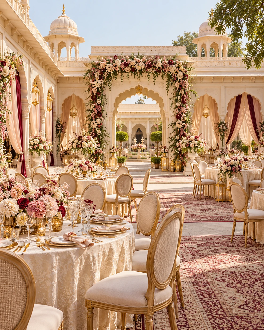 A royal daytime welcome and celebration dining area with elegant flowers and beautifully arranged tables
