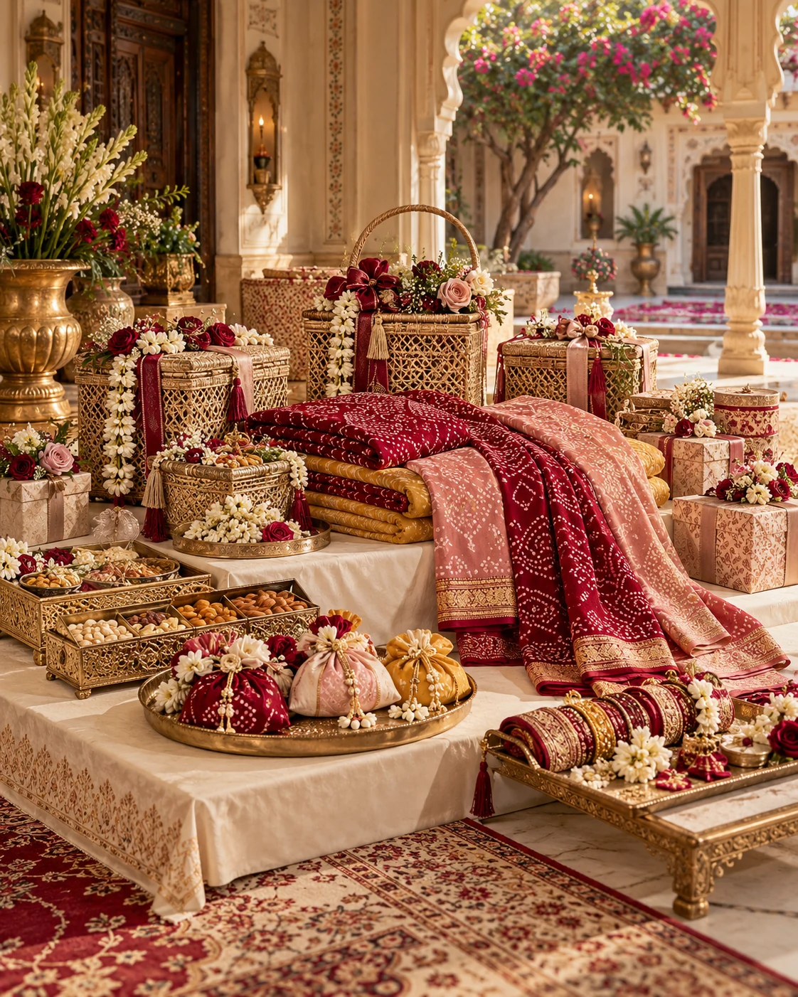 Bandhani textiles, decorated gifts, traditional thalis and flowers arranged for a Marwari Mayra ceremony