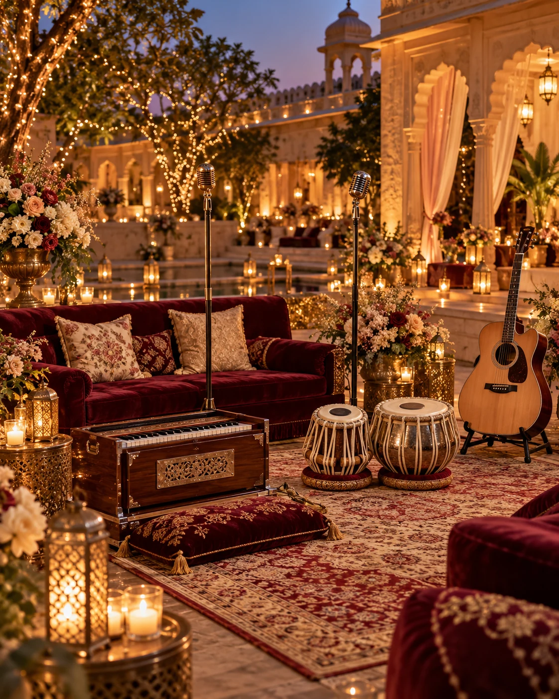 An elegant evening musical lounge with harmonium, tabla, guitar, microphones and warm fairy lights