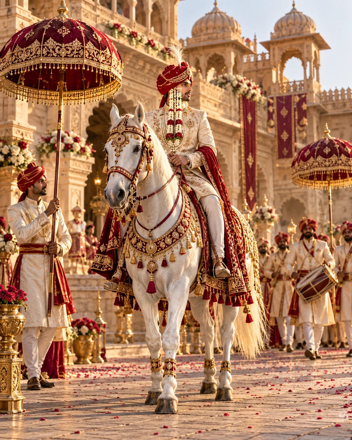An Indian groom in an ivory sherwani and royal safa on a decorated horse with traditional baraat umbrellas
