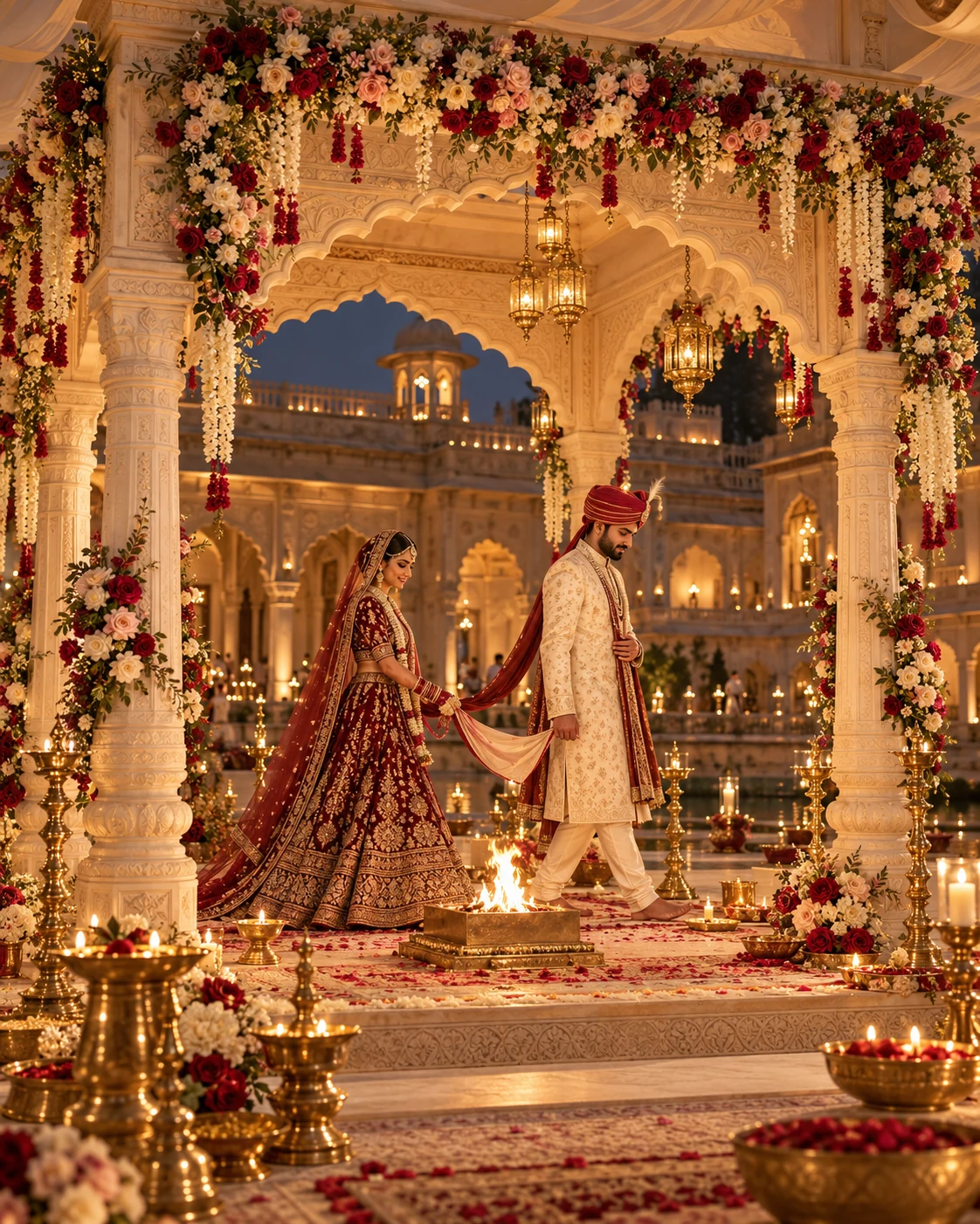 An Indian bride and groom taking sacred wedding steps around a holy fire in a warm golden floral mandap