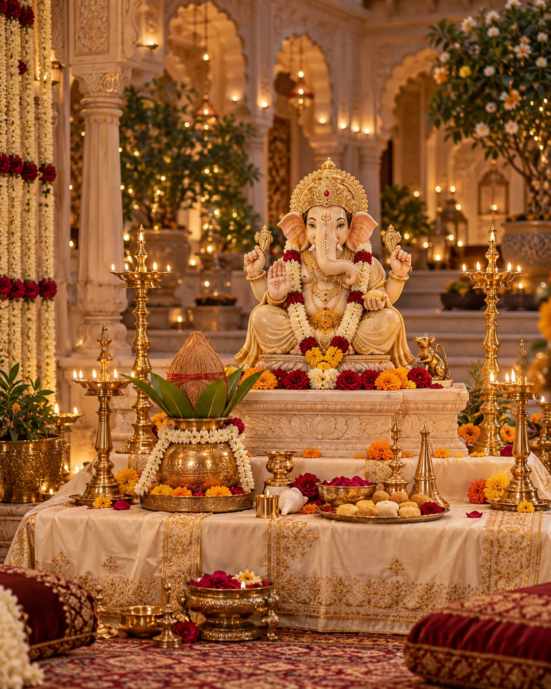 Lord Ganesha with glowing diyas, flowers and a kalash in a traditional puja setting